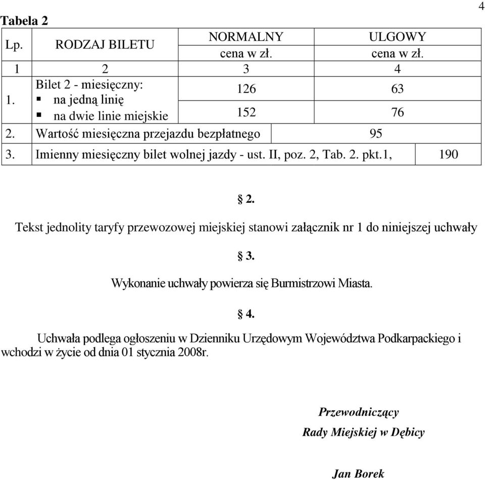 Tekst jednolity taryfy przewozowej miejskiej stanowi załącznik nr 1 do niniejszej uchwały 3. Wykonanie uchwały powierza się Burmistrzowi Miasta.