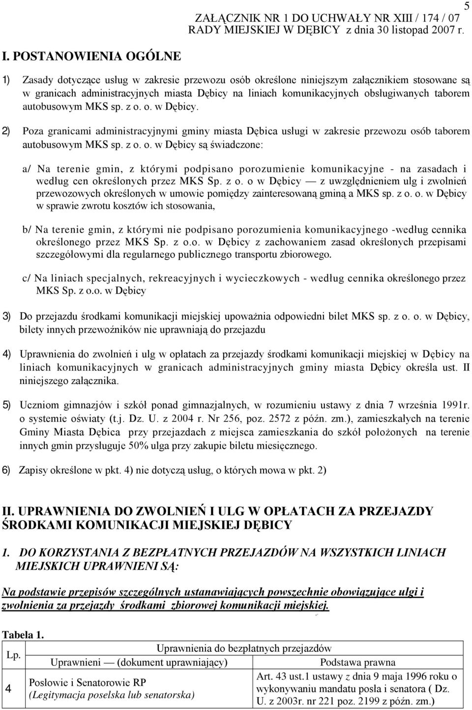 obsługiwanych taborem autobusowym MKS sp. z o. o. w Dębicy. 2) Poza granicami administracyjnymi gminy miasta Dębica usługi w zakresie przewozu osób taborem autobusowym MKS sp. z o. o. w Dębicy są świadczone: a/ Na terenie gmin, z którymi podpisano porozumienie komunikacyjne - na zasadach i według cen określonych przez MKS Sp.