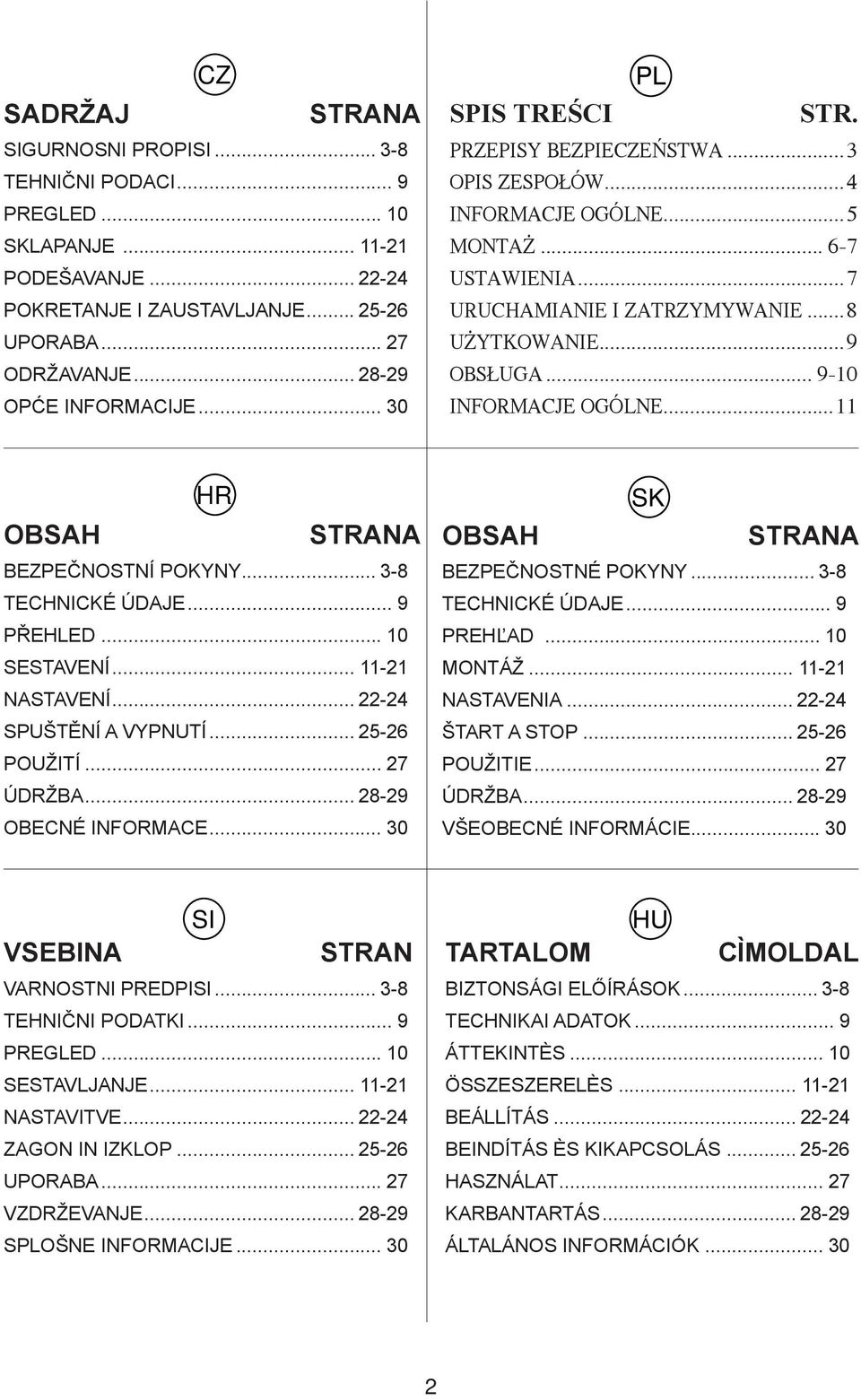 ..11 HR OBSAH STRANA BEZPEČNOSTNÍ POKYNY... 3-8 TECHNICKÉ ÚDAJE... 9 PŘEHLED... 10 SESTAVENÍ... 11-21 NASTAVENÍ... 22-24 SPUŠTĚNÍ A VYPNUTÍ... 25-26 POUŽITÍ... 27 ÚDRŽBA... 28-29 OBECNÉ INFORMACE.