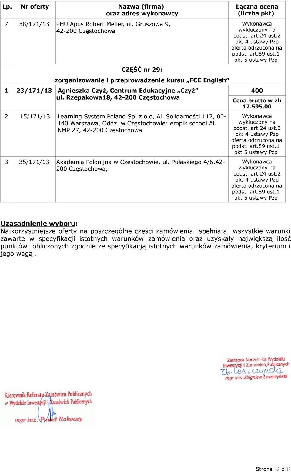 NMP 27, 3 35/171/13 Akademia Polonijna w Częstochowie, ul. Pułaskiego 4/6,42-200 Częstochowa, 17.