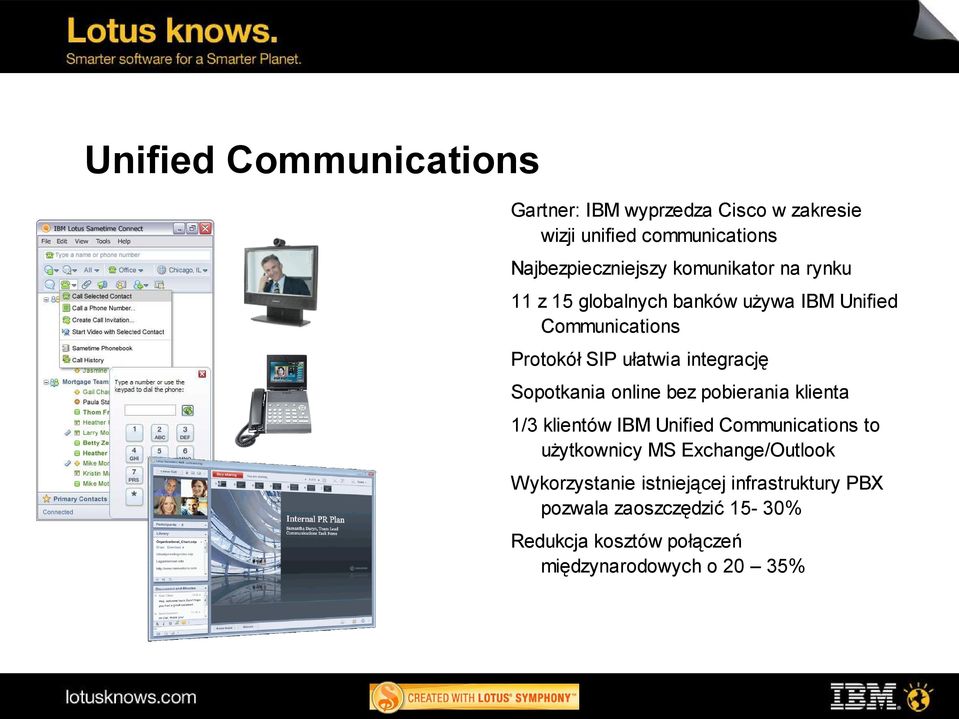 Sopotkania online bez pobierania klienta 1/3 klientów IBM Unified Communications to użytkownicy MS Exchange/Outlook