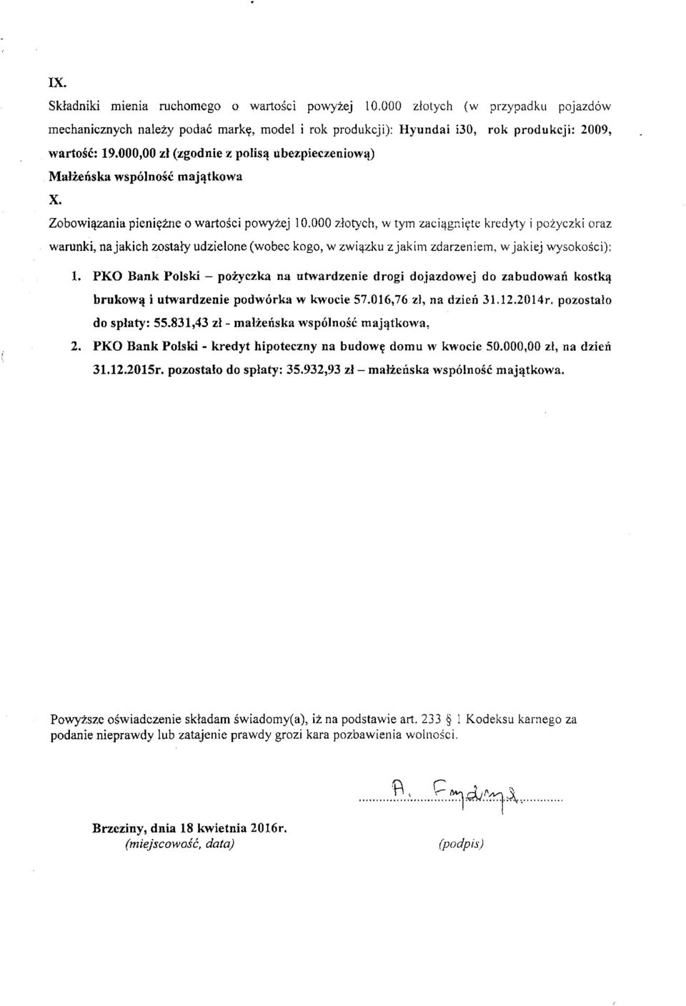 000 złotych, w tym zaciągnięte kredyty i pożyczki oraz warunki, najakich zostały udzielone (wobec kogo, w związku z jakim zdarzeniem, w jakiej wysokości): 1.