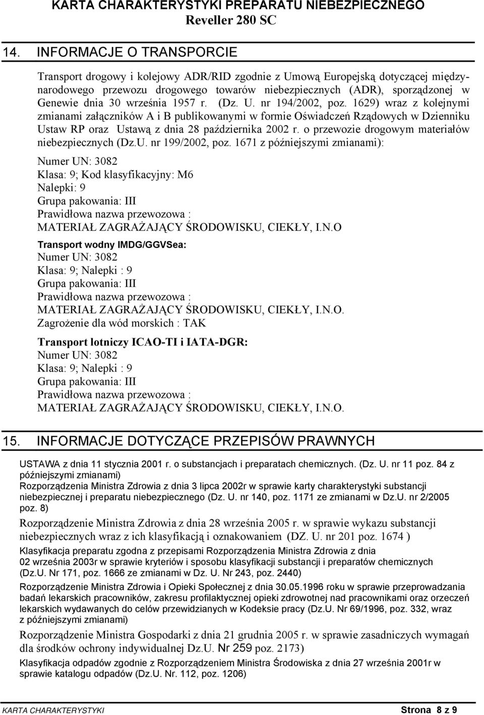 1629) wraz z kolejnymi zmianami załączników A i B publikowanymi w formie Oświadczeń Rządowych w Dzienniku Ustaw RP oraz Ustawą z dnia 28 października 2002 r.