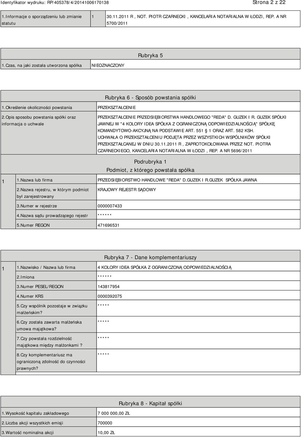 Opis sposobu powstania spółki oraz informacja o uchwale PRZEKSZTAŁCENIE PRZEKSZTAŁCENIE PRZEDSIĘBIORSTWA HANDLOWEGO "REDA" D. GUZEK I R.