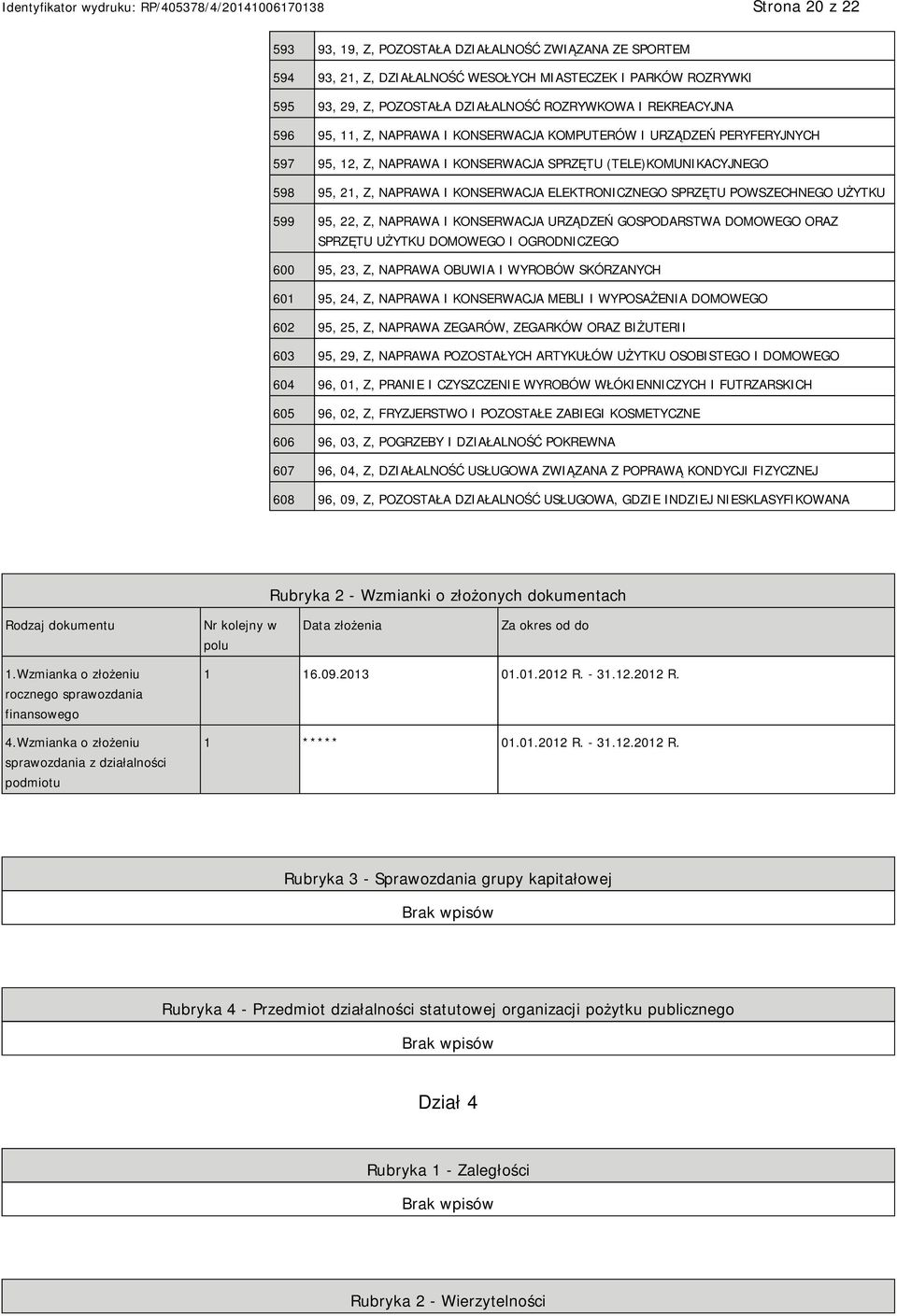 SPRZĘTU POWSZECHNEGO UŻYTKU 599 95, 22, Z, NAPRAWA I KONSERWACJA URZĄDZEŃ GOSPODARSTWA DOMOWEGO ORAZ SPRZĘTU UŻYTKU DOMOWEGO I OGRODNICZEGO 600 95, 23, Z, NAPRAWA OBUWIA I WYROBÓW SKÓRZANYCH 601 95,