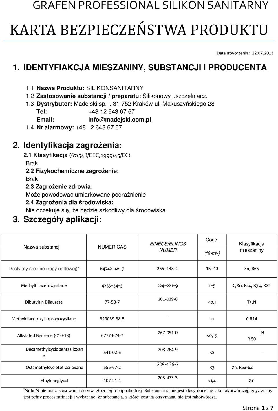 2 Fizykochemiczne zagrożenie: 2.3 Zagrożenie zdrowia: Może powodować umiarkowane podrażnienie 2.4 Zagrożenia dla środowiska: Nie oczekuje się, że będzie szkodliwy dla środowiska 3.