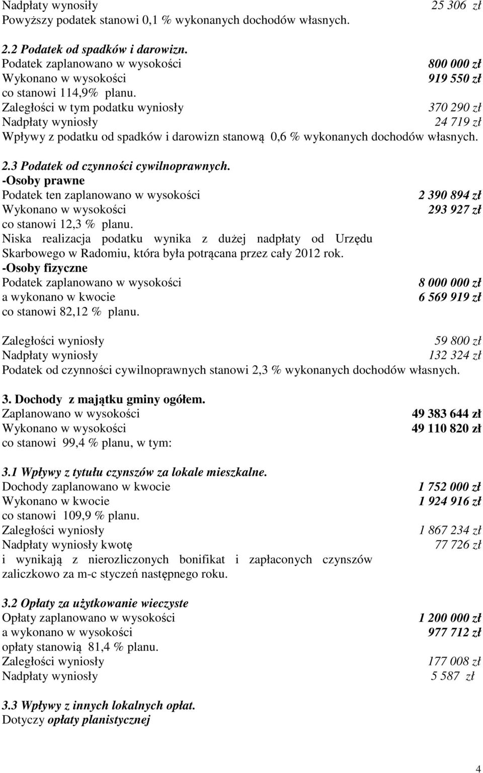 Zaległości w tym podatku wyniosły 370 290 zł Nadpłaty wyniosły 24 719 zł Wpływy z podatku od spadków i darowizn stanową 0,6 % wykonanych dochodów własnych. 2.3 Podatek od czynności cywilnoprawnych.