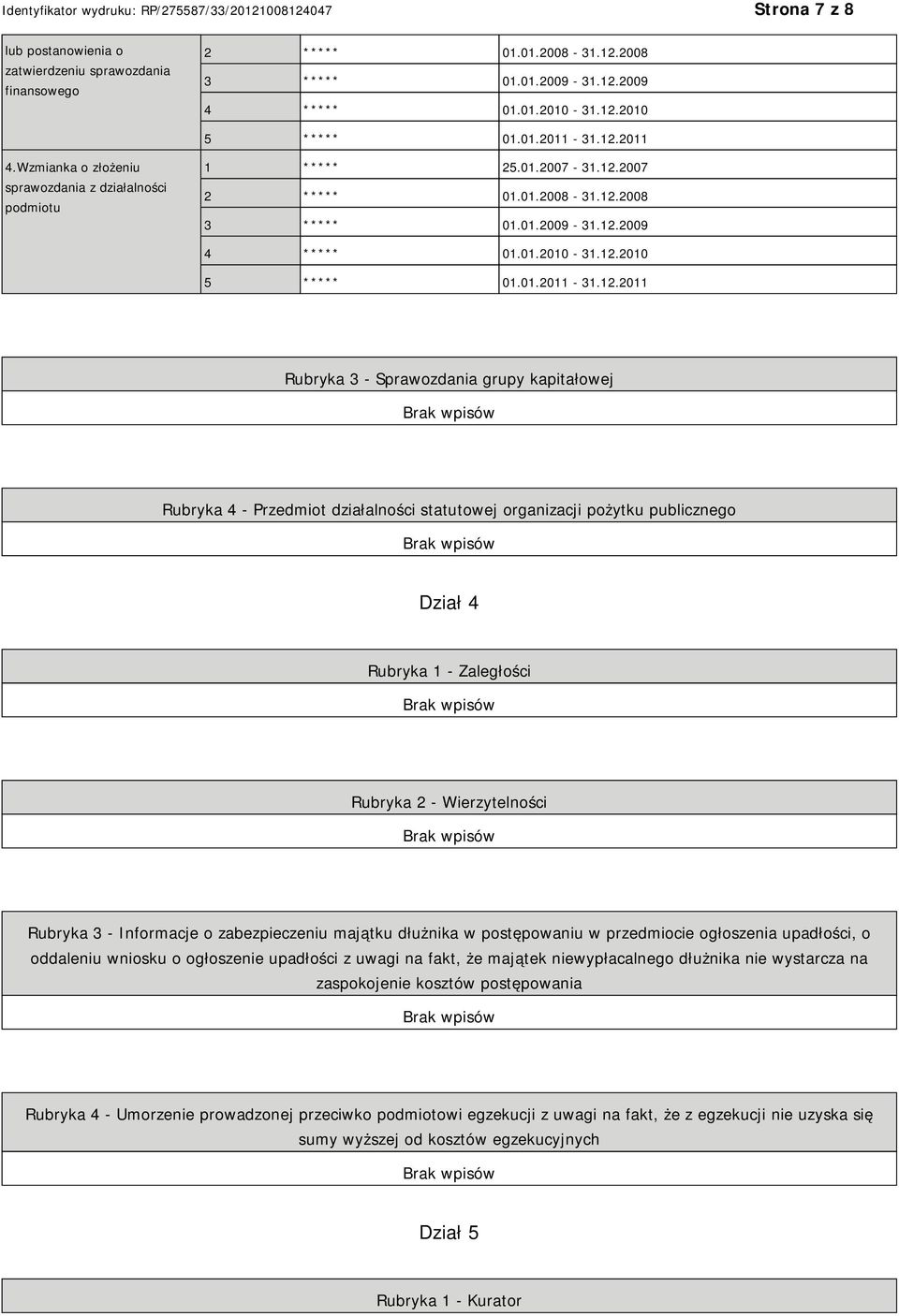 12.2011 Rubryka 3 - Sprawozdania grupy kapitałowej Rubryka 4 - Przedmiot działalności statutowej organizacji pożytku publicznego Dział 4 Rubryka 1 - Zaległości Rubryka 2 - Wierzytelności Rubryka 3 -