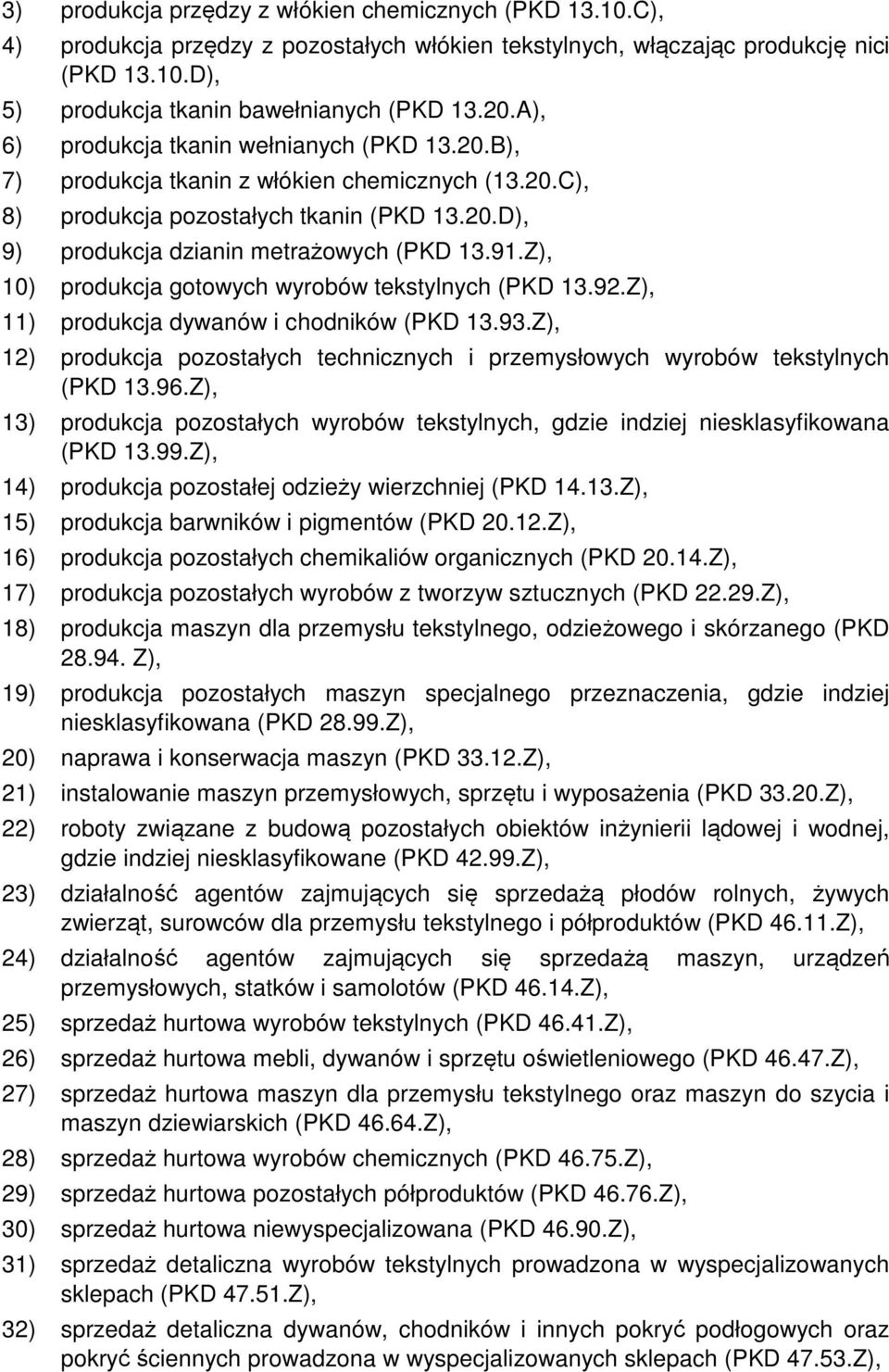 Z), 10) produkcja gotowych wyrobów tekstylnych (PKD 13.92.Z), 11) produkcja dywanów i chodników (PKD 13.93.Z), 12) produkcja pozostałych technicznych i przemysłowych wyrobów tekstylnych (PKD 13.96.