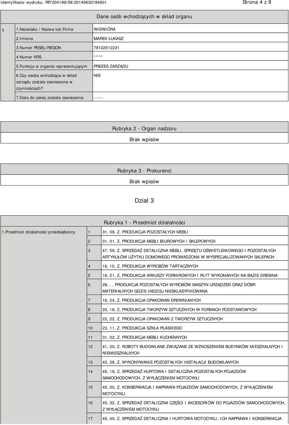 Data do jakiej została zawieszona ------ Rubryka 2 - Organ nadzoru Rubryka 3 - Prokurenci Dział 3 Rubryka 1 - Przedmiot działalności 1.