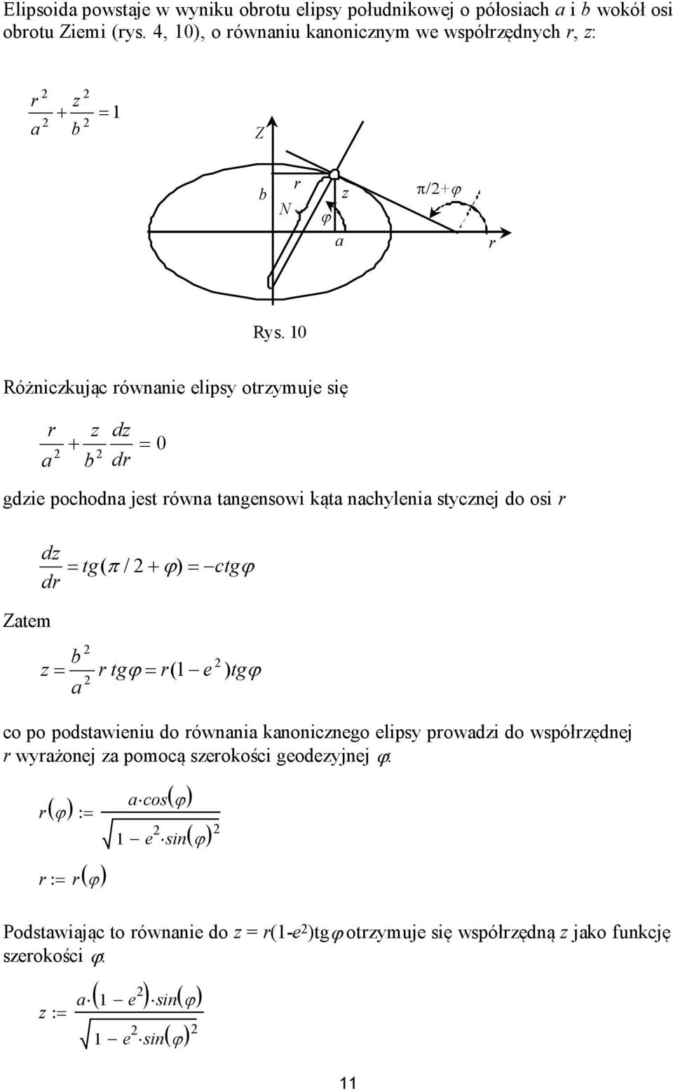 Różnickując ównanie elips omuje się a + b d d gdie pochodna jes ówna angensowi kąa nachlenia scnej do osi Zaem d g( π / + ϕ) cgϕ d b gϕ