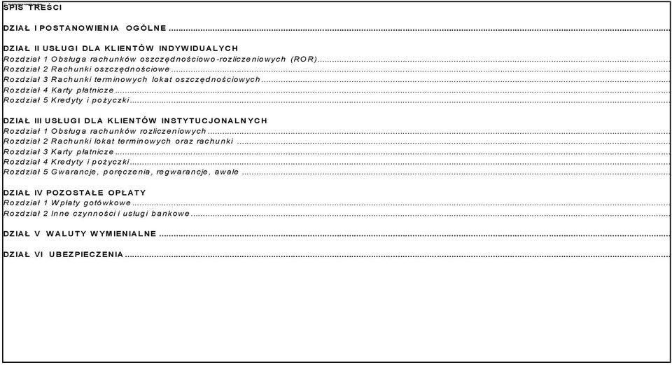 ..8 Ro zd zia ł 5 Kre d yty i p o życzki...11 DZ IAŁ III USŁ UG I DL A KL IENT Ó W INST YT UCJ O NAL N YC H Ro zd zia ł 1 O b słu g a ra ch u n kó w ro zlicze n io wych.