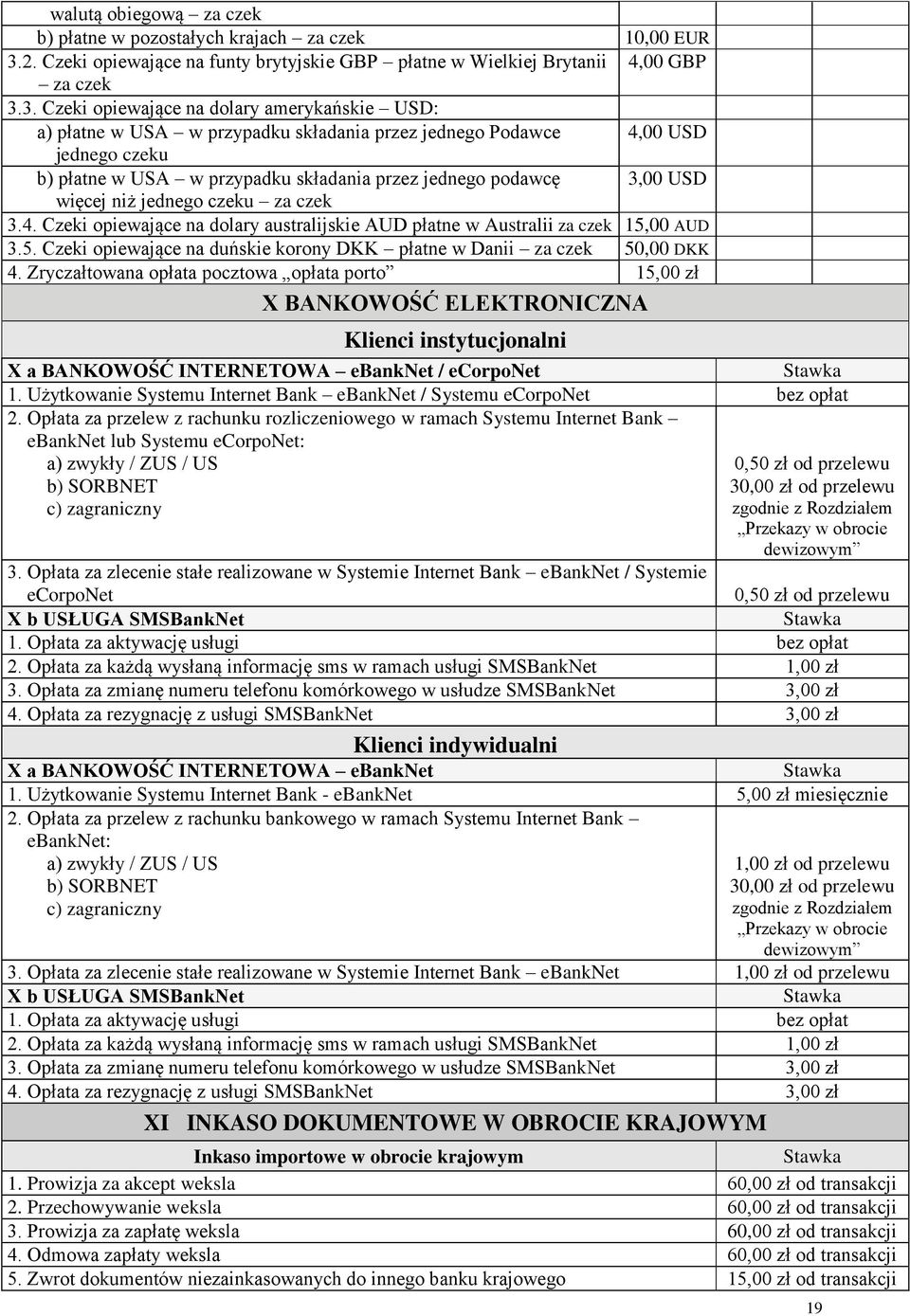 3. Czeki opiewające na dolary amerykańskie USD: a) płatne w USA w przypadku składania przez jednego Podawce 4,00 USD jednego czeku b) płatne w USA w przypadku składania przez jednego podawcę 3,00 USD