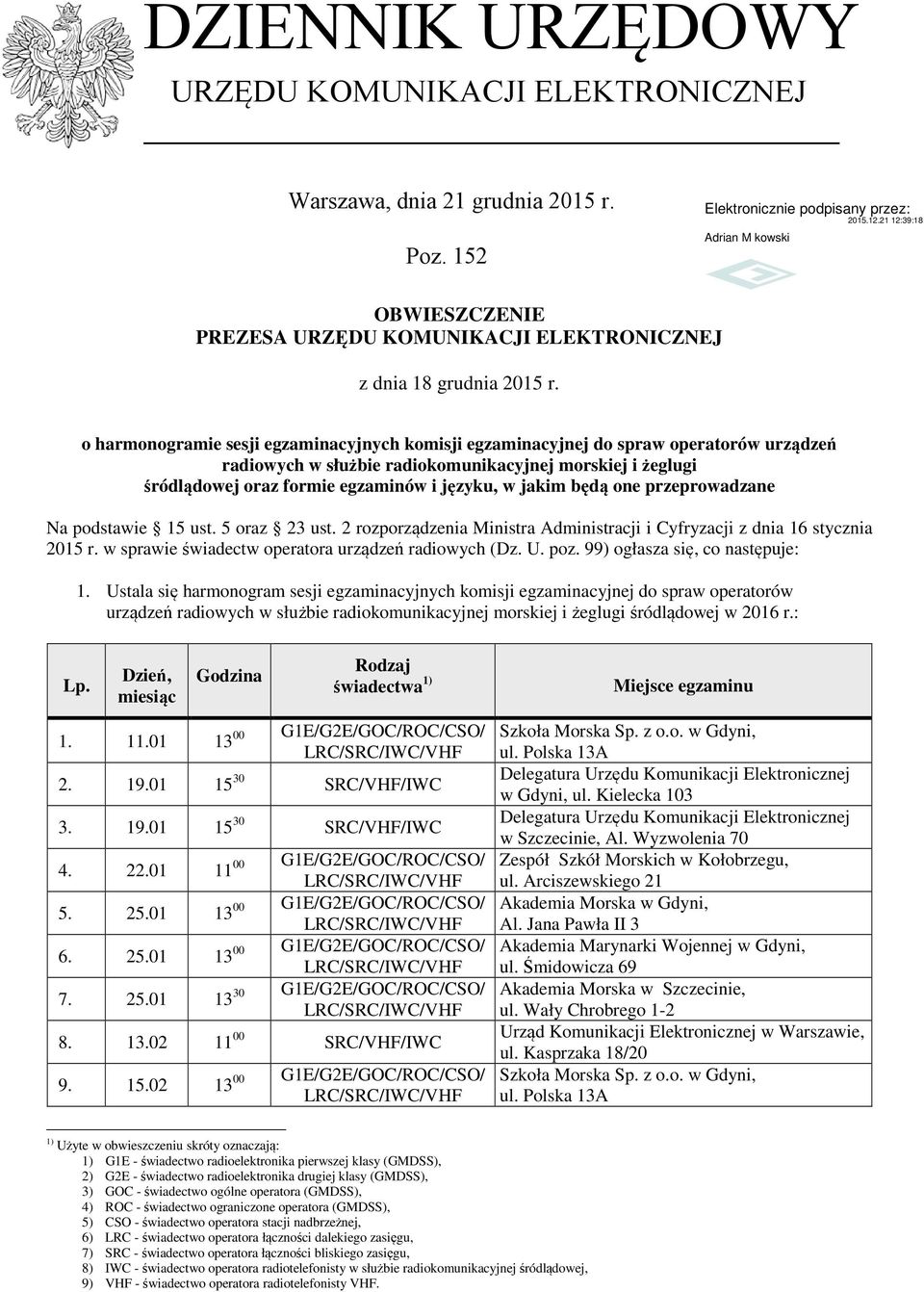 jakim będą one przeprowadzane Na podstawie 15 ust. 5 oraz 23 ust. 2 rozporządzenia Ministra Administracji i Cyfryzacji z dnia 16 stycznia 2015 r. w sprawie świadectw operatora urządzeń radiowych (Dz.