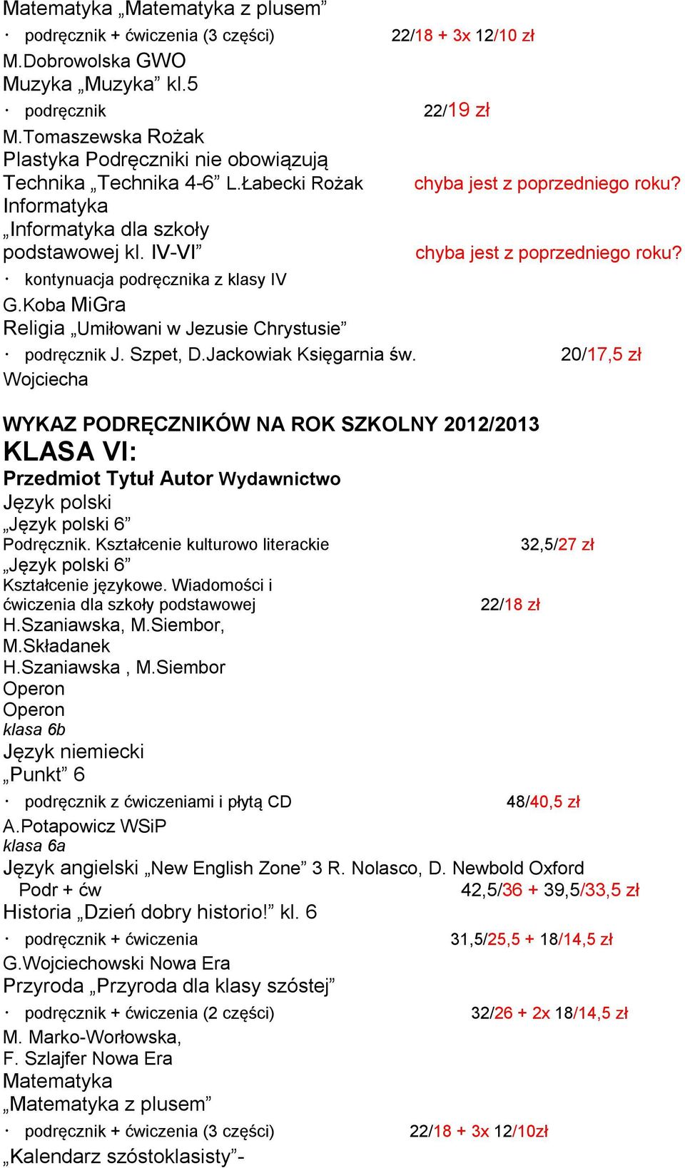 Jackowiak Księgarnia św. 22/18 + 3x 12/10 zł 22/19 zł WYKAZ PODRĘCZNIKÓW NA ROK SZKOLNY 2012/2013 KLASA VI: Przedmiot Język polski Język polski 6 Podręcznik.