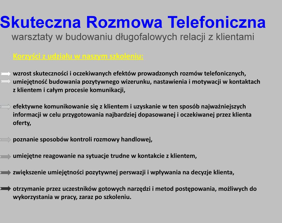 sposób najważniejszych informacji w celu przygotowania najbardziej dopasowanej i oczekiwanej przez klienta oferty, poznanie sposobów kontroli rozmowy handlowej, umiejętne reagowanie na sytuacje