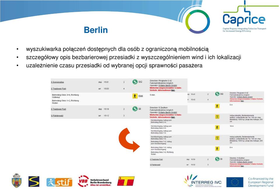 przesiadki z wyszczególnieniem wind i ich lokalizacji