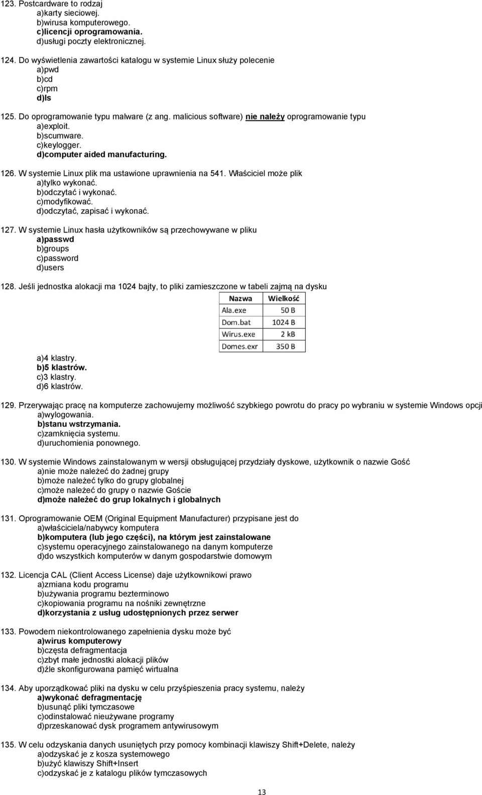 b)scumware. c)keylogger. d)computer aided manufacturing. 126. W systemie Linux plik ma ustawione uprawnienia na 541. Właściciel może plik a)tylko wykonać. b)odczytać i wykonać. c)modyfikować.