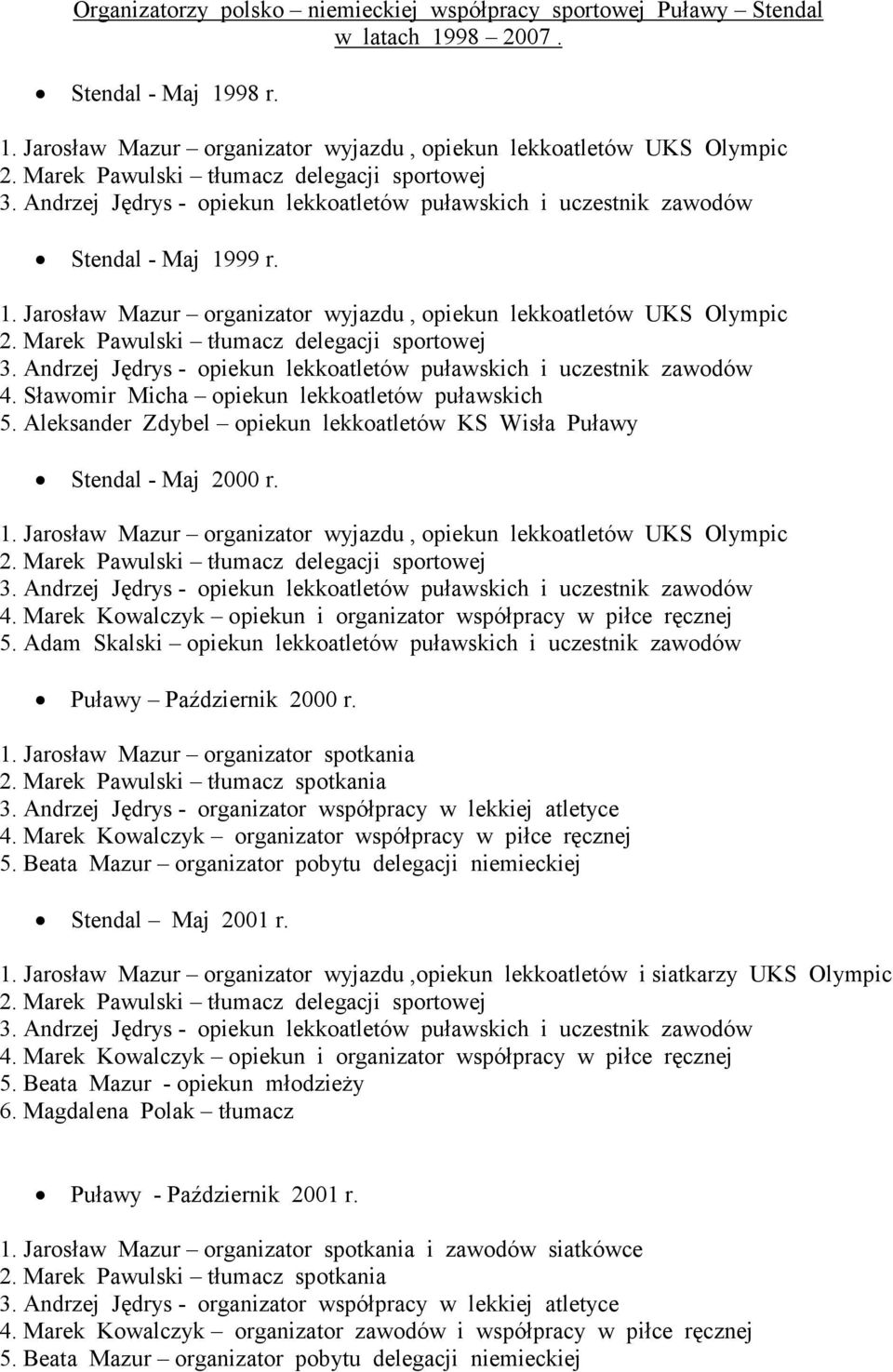 Aleksander Zdybel opiekun lekkoatletów KS Wisła Puławy Stendal - Maj 2000 r. 1. Jarosław Mazur organizator wyjazdu, opiekun lekkoatletów UKS Olympic 5.