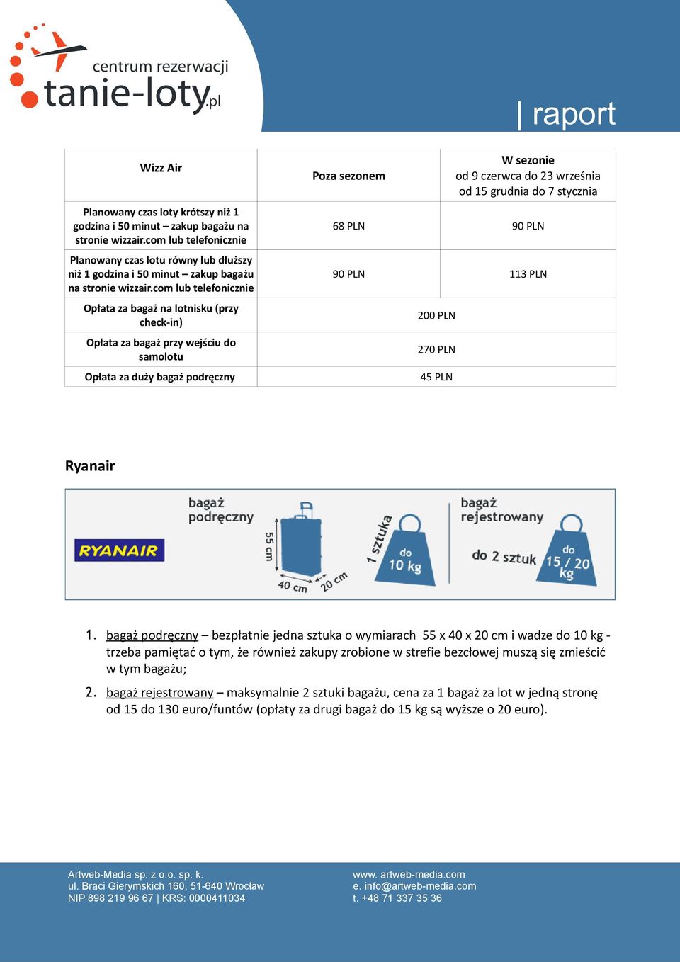 com lub telefonicznie Opłata za bagaż na lotnisku (przy check-in) Opłata za bagaż przy wejściu do samolotu Opłata za duży bagaż podręczny Poza sezonem W sezonie od 9 czerwca do 23 września od 15