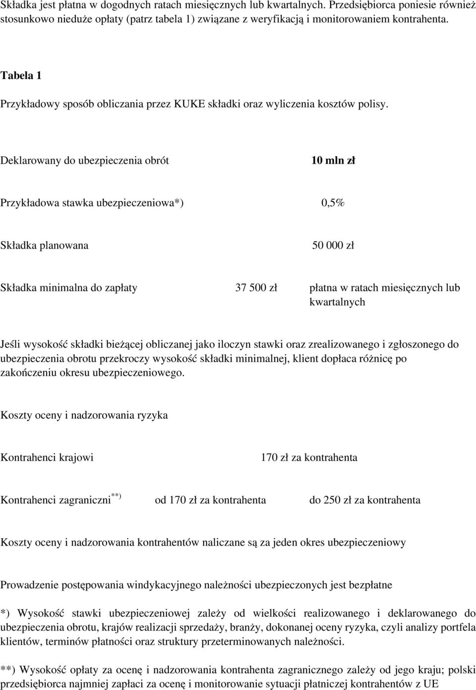 Deklarowany do ubezpieczenia obrót 10 mln zł Przykładowa stawka ubezpieczeniowa*) 0,5% Składka planowana 50 000 zł Składka minimalna do zapłaty 37 500 zł płatna w ratach miesięcznych lub kwartalnych