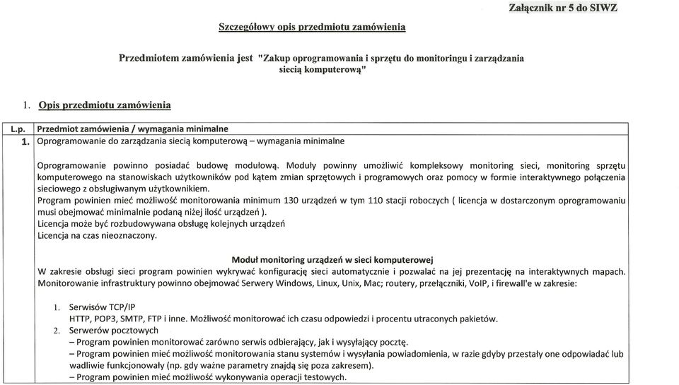 Moduły powinny umożliwić kompleksowy monitoring sieci, monitoring sprzętu komputerowego na stanowiskach użytkowników pod kątem zmian sprzętowych i programowych oraz pomocy w formie interaktywnego