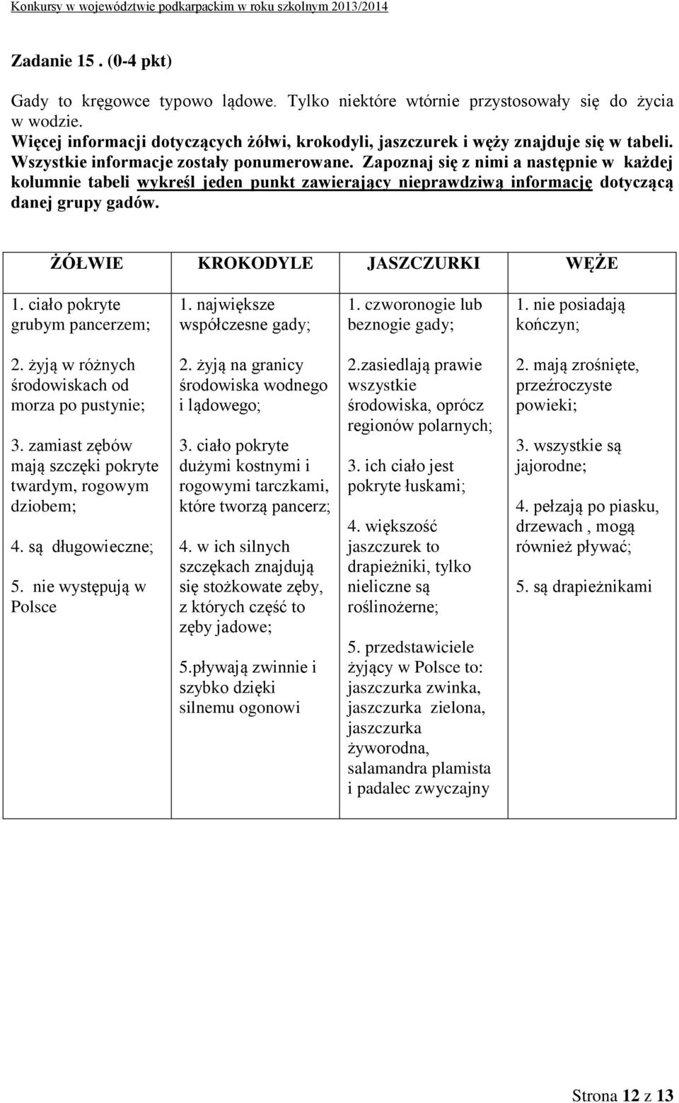 Zapoznaj się z nimi a następnie w każdej kolumnie tabeli wykreśl jeden punkt zawierający nieprawdziwą informację dotyczącą danej grupy gadów. ŻÓŁWIE KROKODYLE JASZCZURKI WĘŻE 1.