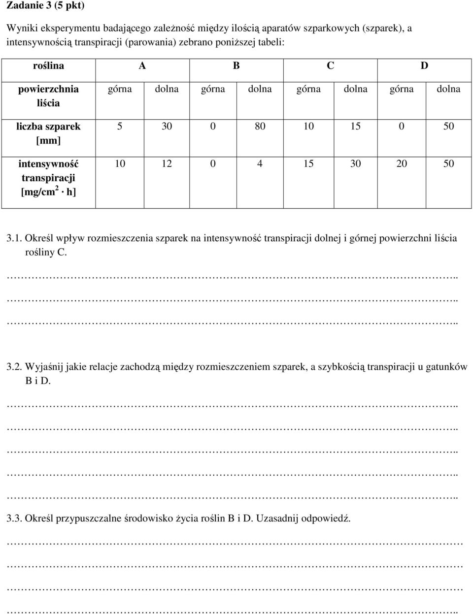 0 50 10 12 0 4 15 30 20 50 3.1. Określ wpływ rozmieszczenia szparek na intensywność transpiracji dolnej i górnej powierzchni liścia rośliny C. 3.2. Wyjaśnij jakie relacje zachodzą między rozmieszczeniem szparek, a szybkością transpiracji u gatunków B i D.