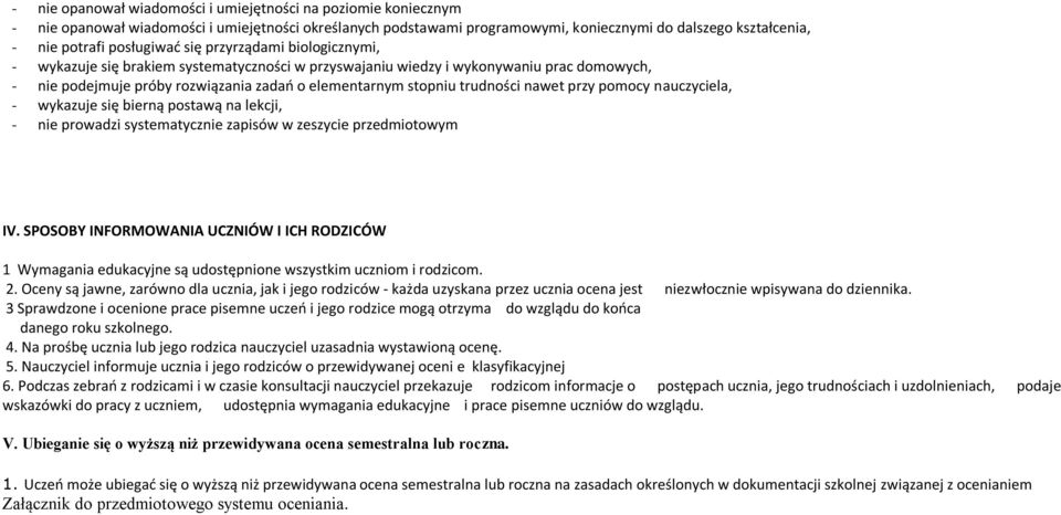 trudności nawet przy pomocy nauczyciela, - wykazuje się bierną postawą na lekcji, - nie prowadzi systematycznie zapisów w zeszycie przedmiotowym IV.