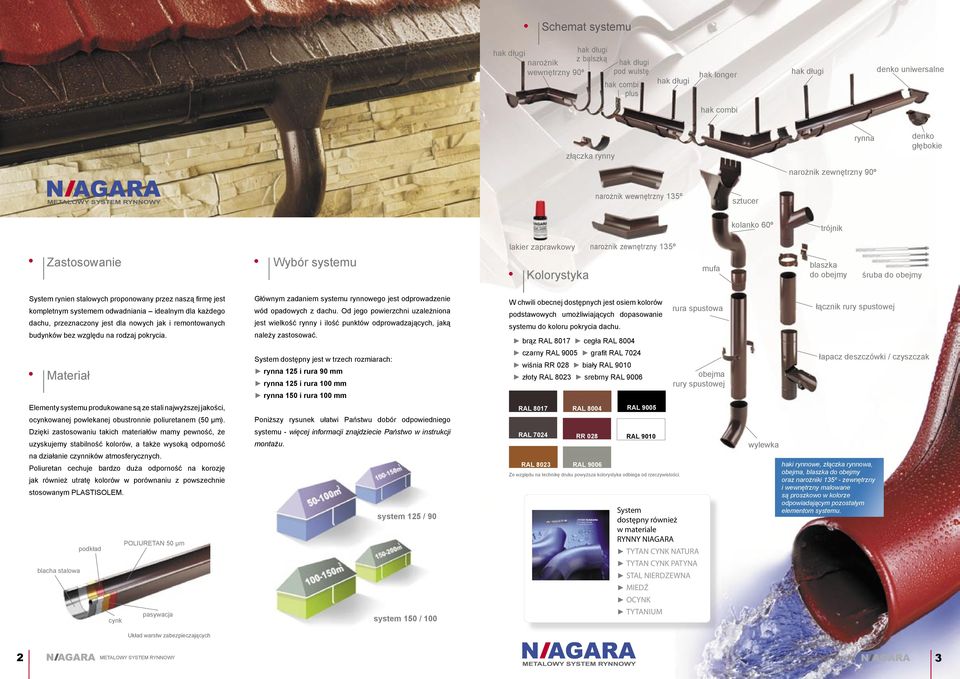 Zastosowanie Wybór systemu lakier zaprawkowy Kolorystyka zewnętrzny 135º mufa blaszka do obejmy śruba do obejmy System rynien stalowych proponowany przez naszą firmę jest kompletnym systemem