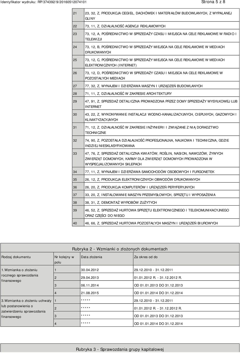 ELEKTRONICZNYCH (INTERNET) 26 73, 12, D, POŚREDNICTWO W SPRZEDAŻY CZASU I MIEJSCA NA CELE REKLAMOWE W POZOSTAŁYCH MEDIACH 27 77, 32, Z, WYNAJEM I DZIERŻAWA MASZYN I URZĄDZEŃ BUDOWLANYCH 28 71, 11, Z,