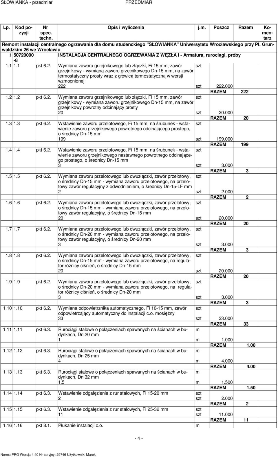 000 RAZEM 222 1.2 1.2 pkt 6.2. Wyiana zaworu grzejnikowego lub złączki, Fi 15, zawór grzejnikowy powrotny odcinający prosty 20 20.000 RAZEM 20 1.3 1.3 pkt 6.2. Wstawienie zaworu przelotowego, Fi 15, na śrubunek - wstawienie zaworu grzejnikowego powrotnego odcinającego prostego, o średnicy Dn-15 199 199.