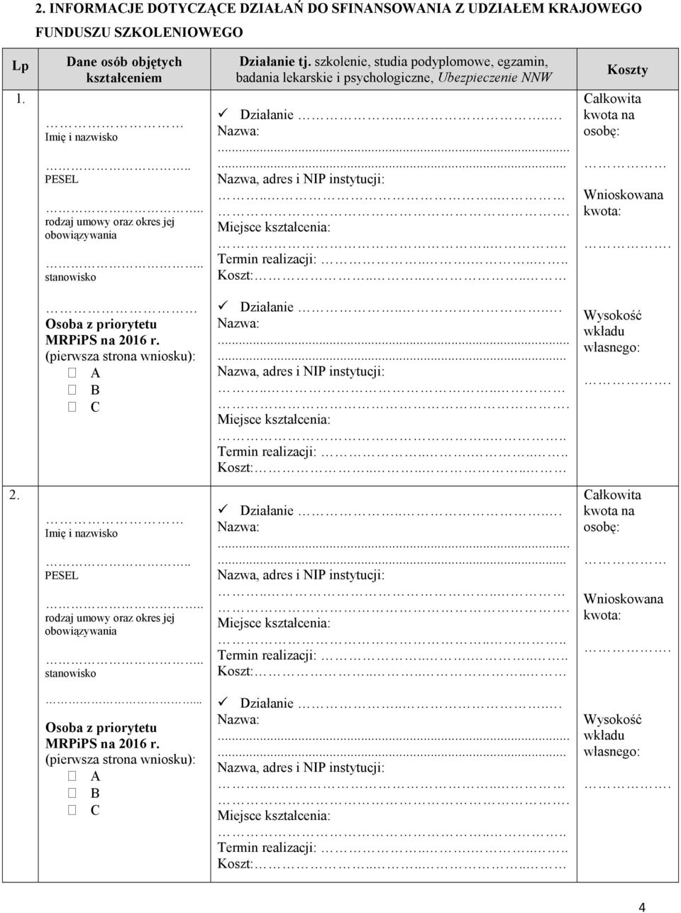... Termin realizacji:....... Koszt:...... Koszty Całkowita kwota na osobę: Wnioskowana kwota:. Osoba z priorytetu MRPiPS na 2016 r. (pierwsza strona wniosku): A B C Działa.... Nazwa:.