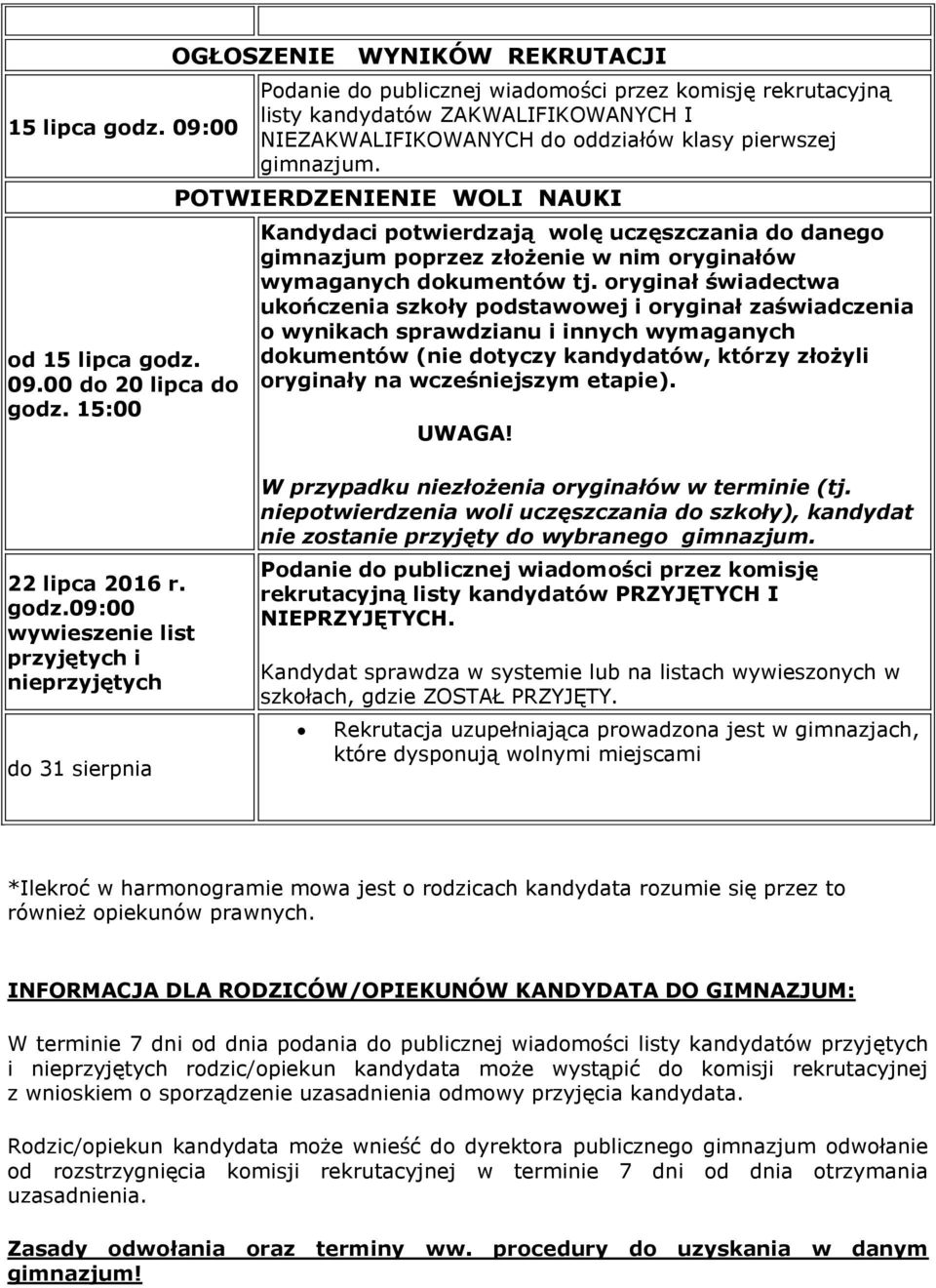 WOLI NAUKI Kandydaci potwierdzają wolę uczęszczania do danego gimnazjum poprzez złożenie w nim oryginałów wymaganych dokumentów tj.