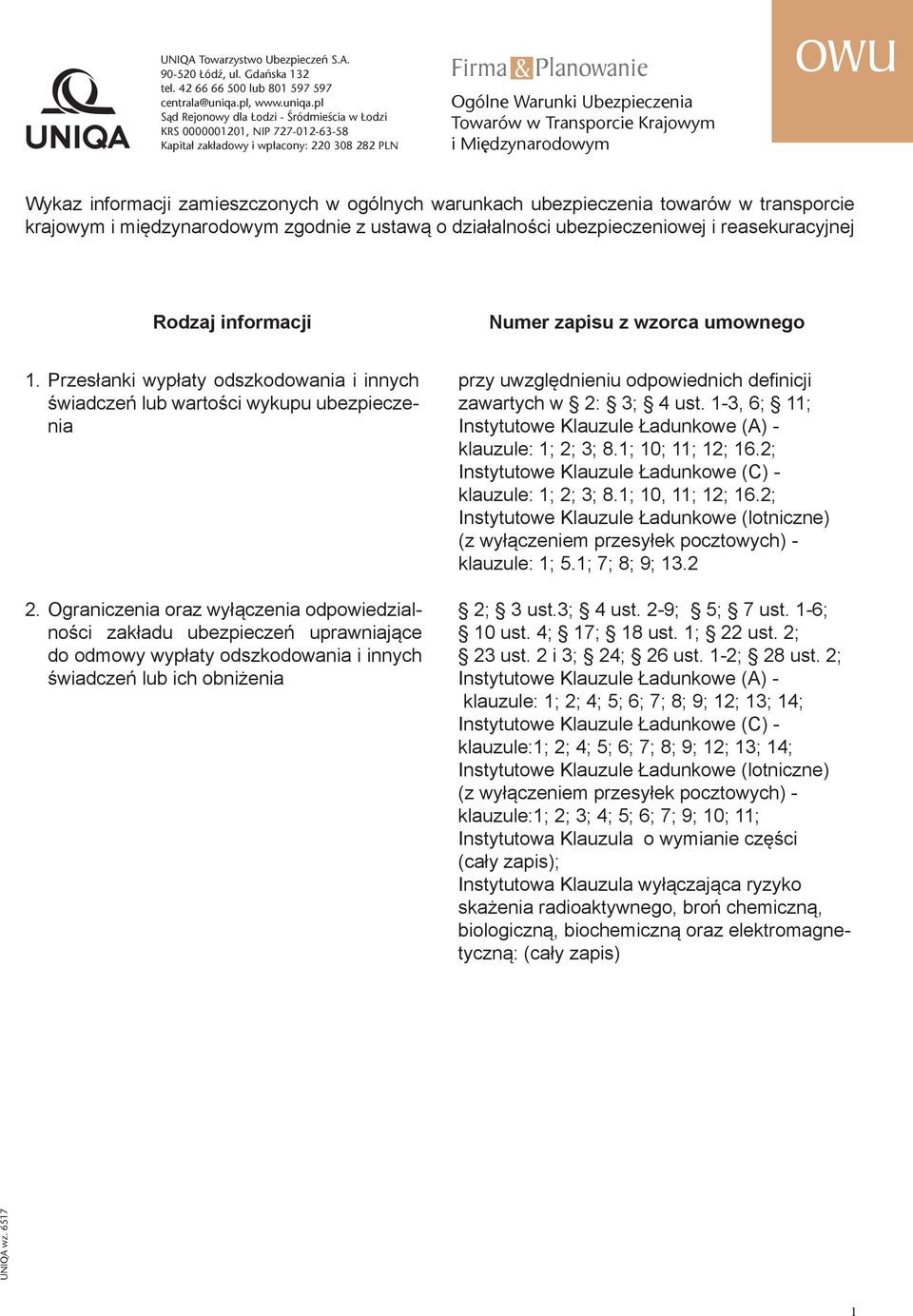 pl Sąd Rejonowy dla Łodzi - Śródmieścia w Łodzi KRS 0000001201, NIP 727-012-63-58 Kapitał zakładowy i wpłacony: 220 308 282 PLN Firma & Planowanie Ogólne Warunki Ubezpieczenia Towarów w Transporcie