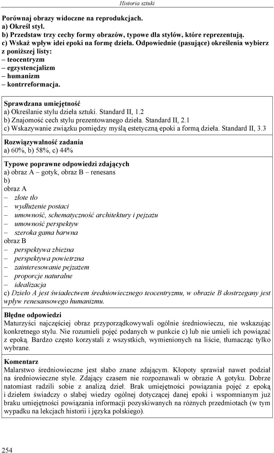 2 b) Znajomość cech stylu prezentowanego dzieła. Standard II, 2.1 c) Wskazywanie związku pomiędzy myślą estetyczną epoki a formą dzieła. Standard II, 3.