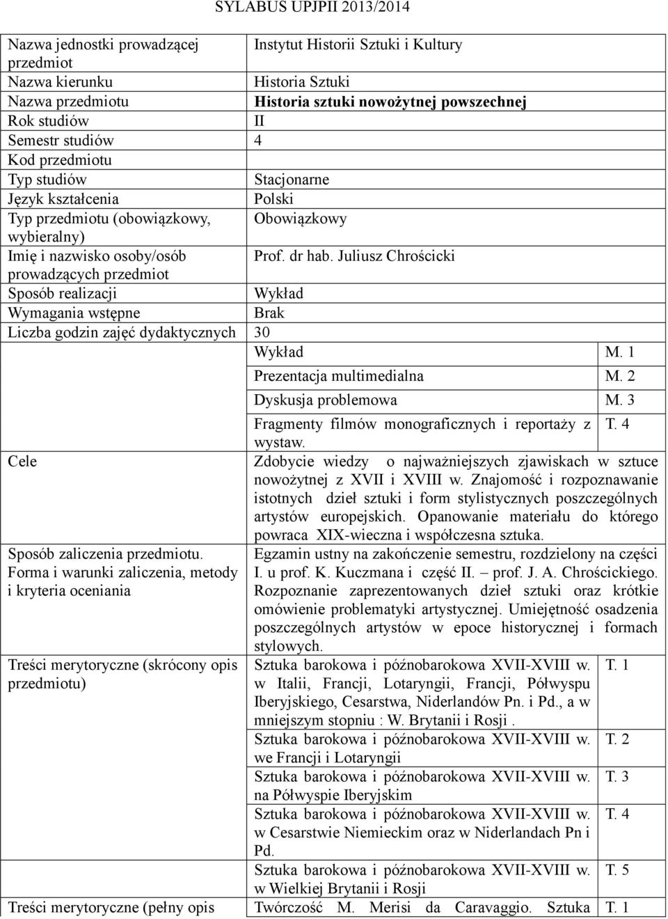 Juliusz Chrościcki prowadzących przedmiot Sposób realizacji Wykład Wymagania wstępne Brak Liczba godzin zajęć dydaktycznych 30 Wykład M. 1 Prezentacja multimedialna M. 2 Dyskusja problemowa M.