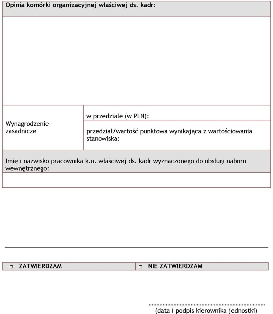 wynikająca z wartościowania stanowiska: Imię i nazwisko pracownika k.o. właściwej ds.