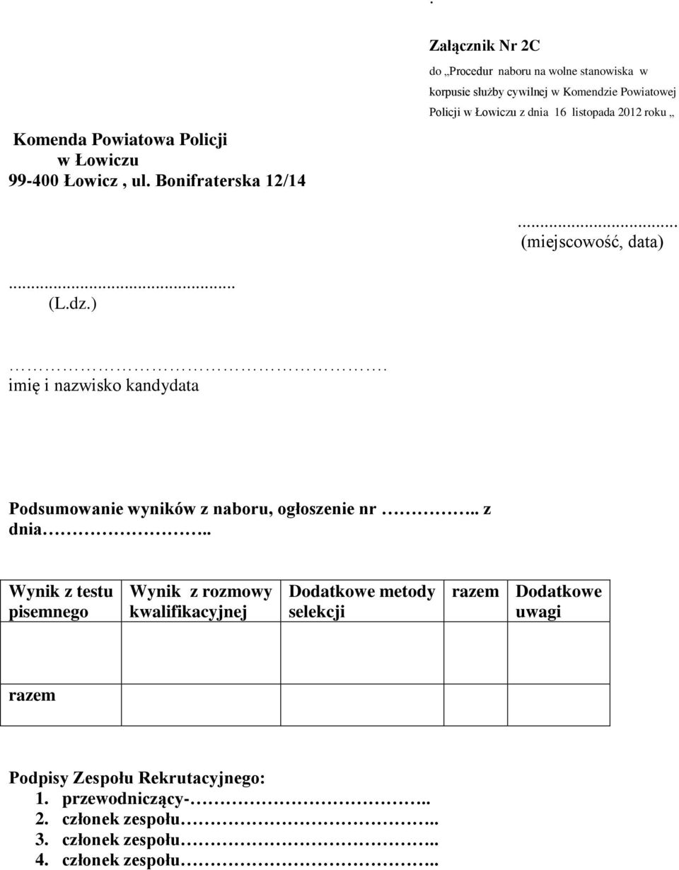 listopada 2012 roku... (miejscowość, data)... (L.dz.). imię i nazwisko kandydata Podsumowanie wyników z naboru, ogłoszenie nr.. z dnia.