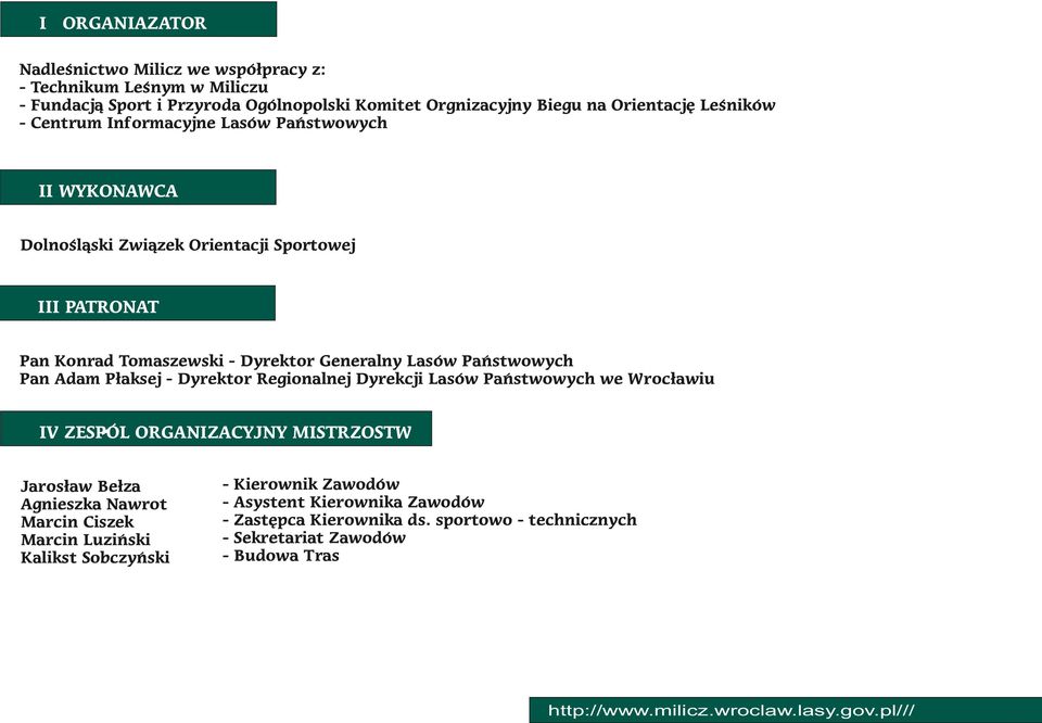 Lasów Państwowych we Wrocławiu IV ZESPÓL ORGANIZACYJNY MISTRZOSTW Jarosław Bełza Agnieszka Nawrot Marcin Ciszek Marcin Luziński Kalikst Sobczyński - Kierownik - Kierownik - Asystent Kierownika -