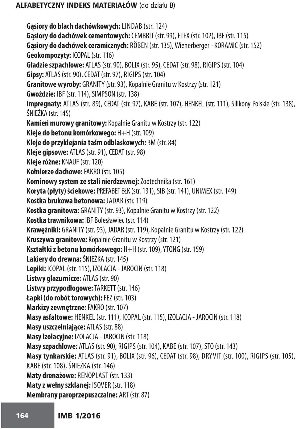 98), RIGIPS (str. 104) Gipsy: ATLAS (str. 90), CEDAT (str. 97), RIGIPS (str. 104) Granitowe wyroby: GRANITY (str. 93), Kopalnie Granitu w Kostrzy (str. 121) Gwoździe: IBF (str. 114), SIMPSON (str.