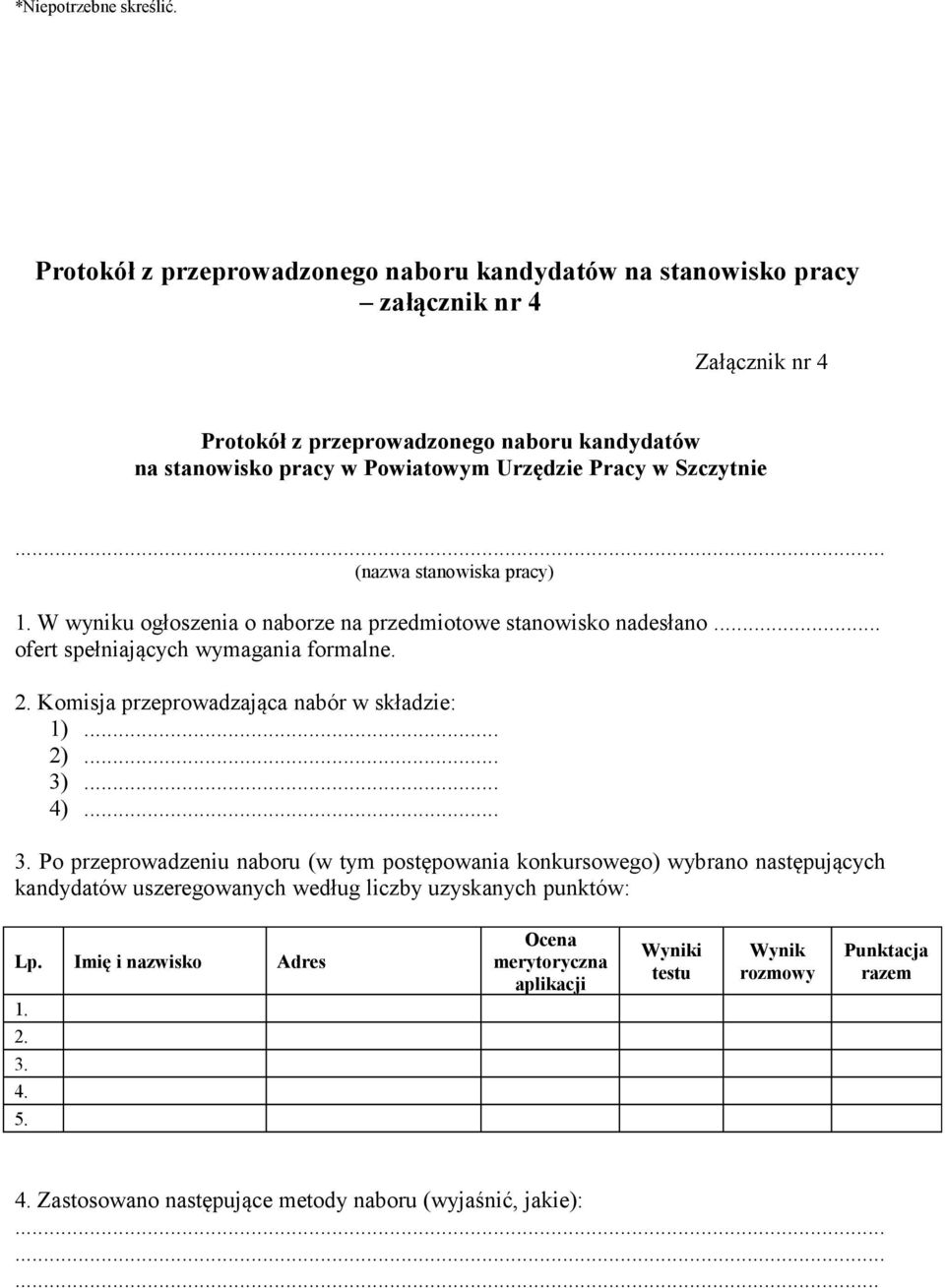 Pracy w Szczytnie (nazwa stanowiska pracy) 1. W wyniku ogłoszenia o naborze na przedmiotowe stanowisko nadesłano... ofert spełniających wymagania formalne. 2.