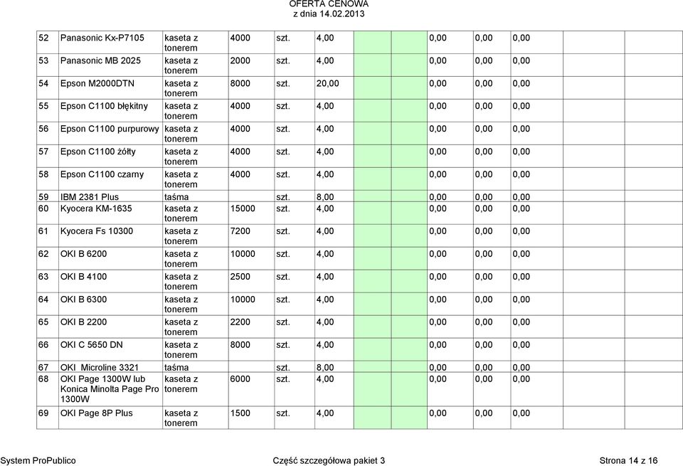 4,00 0,00 0,00 0,00 58 Epson C1100 czarny kaseta z 4000 szt. 4,00 0,00 0,00 0,00 59 IBM 2381 Plus taśma szt. 8,00 0,00 0,00 0,00 60 Kyocera KM-1635 kaseta z 15000 szt.