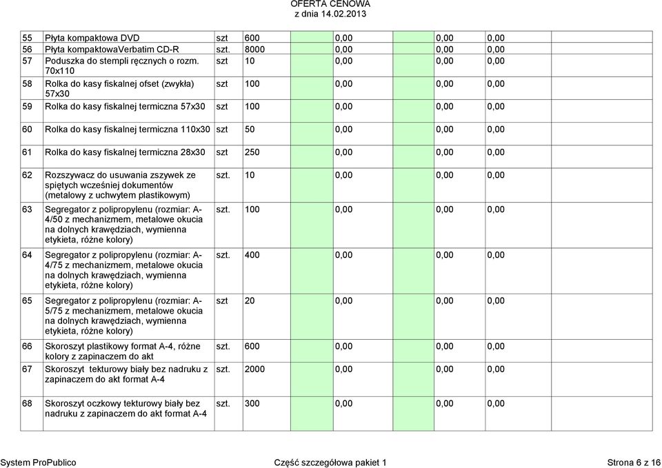 termiczna 110x30 szt 50 0,00 0,00 0,00 61 Rolka do kasy fiskalnej termiczna 28x30 szt 250 0,00 0,00 0,00 62 Rozszywacz do usuwania zszywek ze szt.