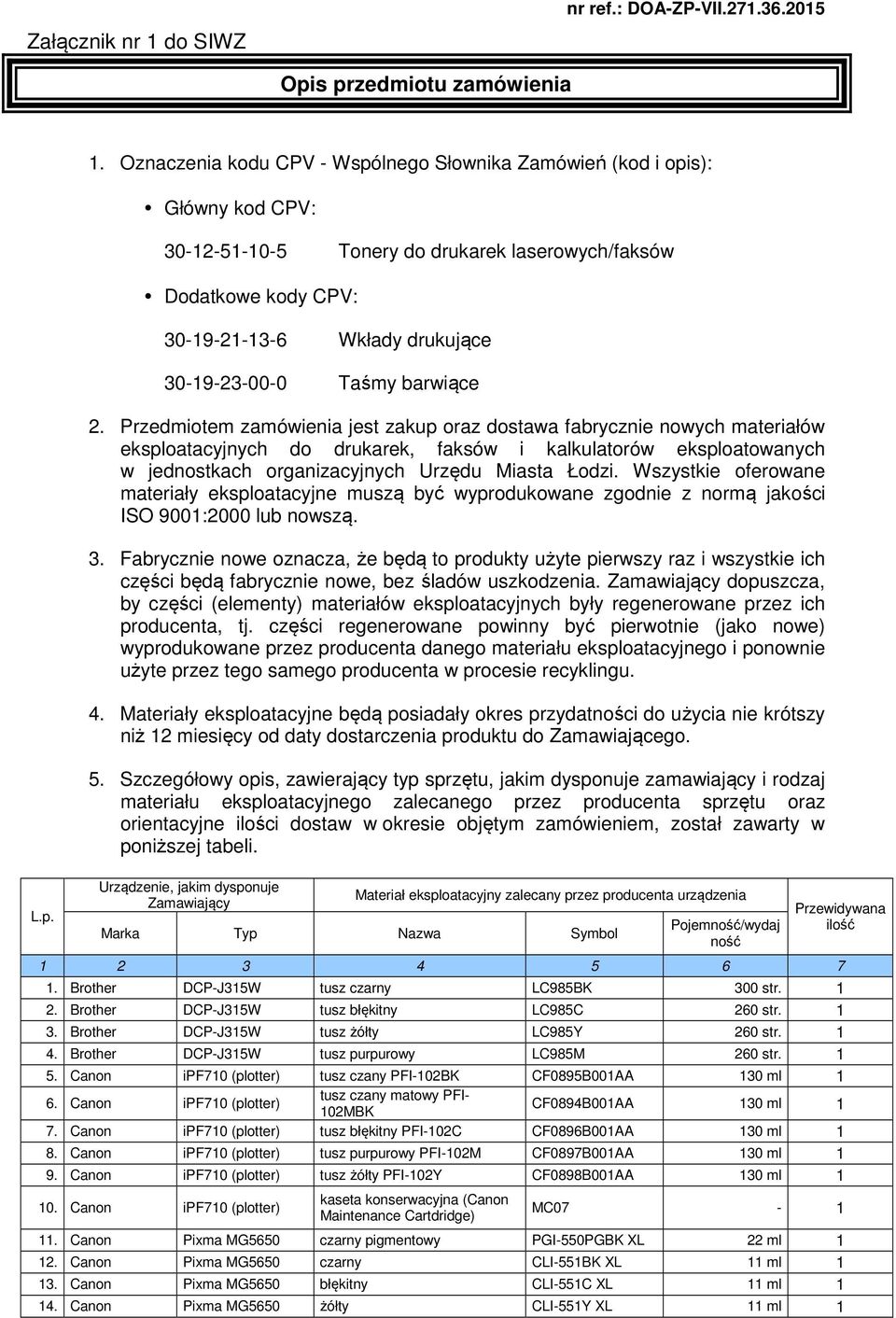 Oznaczenia kodu CPV - Wspólnego Słownika Zamówień (kod i opis): Główny kod CPV: 30-12-51-10-5 Tonery do drukarek laserowych/faksów Dodatkowe kody CPV: 30-19-21-13-6 Wkłady drukujące 30-19-23-00-0