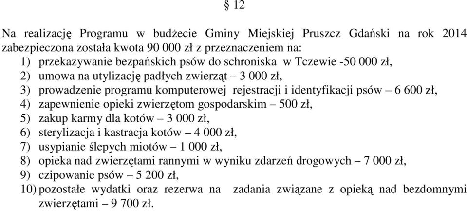 opieki zwierzętom gospodarskim 500 zł, 5) zakup karmy dla kotów 3 000 zł, 6) sterylizacja i kastracja kotów 4 000 zł, 7) usypianie ślepych miotów 1 000 zł, 8) opieka nad