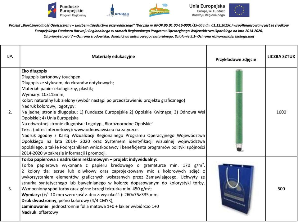 stronie długopisu: Logotyp Bioróżnorodne Opolskie Tekst (adres internetowy): www.odnowawsi.eu na zatyczce.