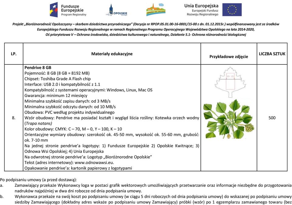 według projektu indywidualnego Wzór obudowy: Pendrive ma posiadać kształt i wygląd liścia rośliny: Kotewka orzech wodny (Trapa natans) Kolor obudowy: CMYK: C 70, M 0, Y 100, K 10 Orientacyjne wymiary