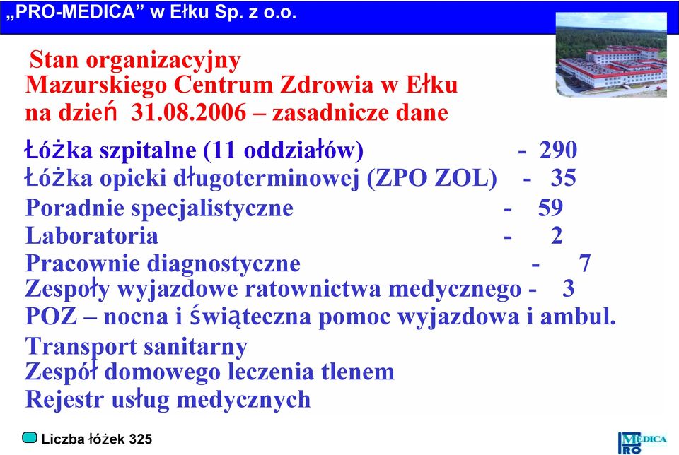 Poradnie specjalistyczne - 59 Laboratoria - 2 Pracownie diagnostyczne - 7 Zespoły wyjazdowe ratownictwa