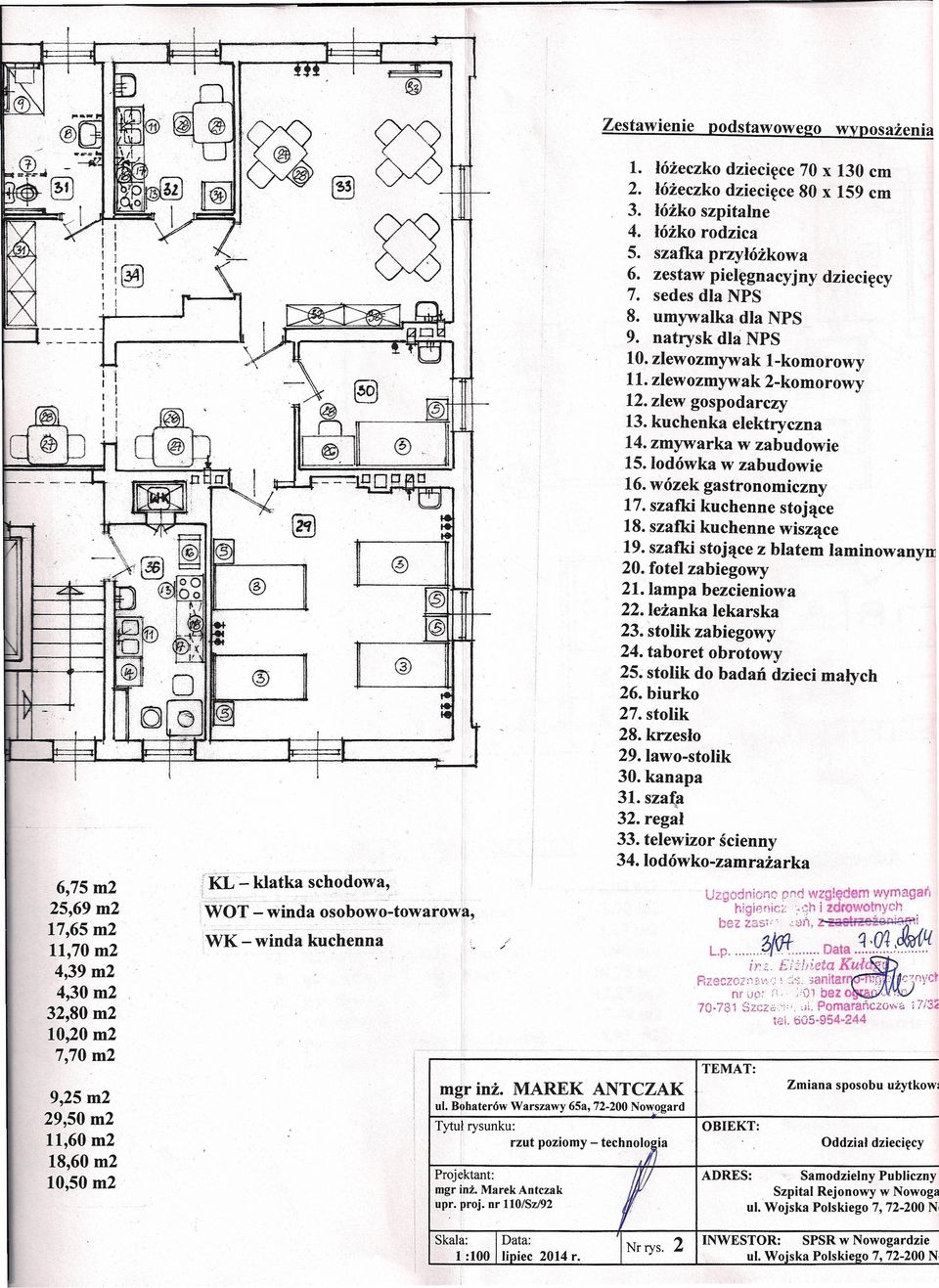 lodówka w zabudowie 16. wózek gastronomiczny 17. szafki kuchenne stojące 18. szafki kuchenne wiszące 19. szafki stojące z blatem laminowanym 20. fotel zabiegowy 21. lampa bezcieniowa 22.